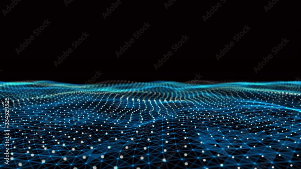 4k abstract Digital blue Wave of particles dance motion on wave and light.Futuristic dots background with a dynamic wave.Big data.Cyber or technology background.Quantum finance.