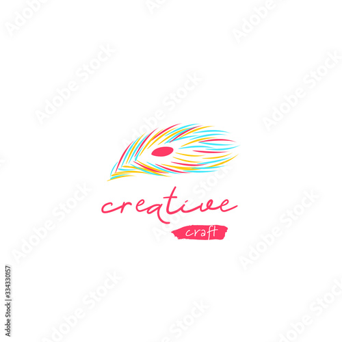 Creative craft logo with peacock feather icon symbol graphic vector for DIY art do it your self brand in artistic style market
