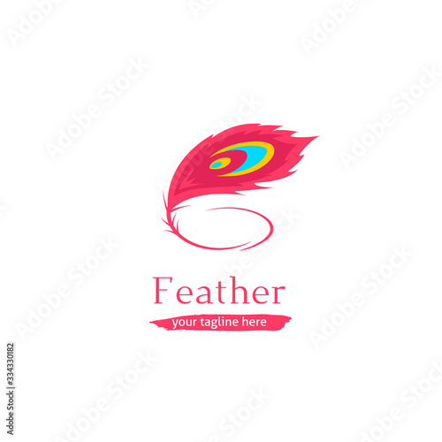 Artistic peacock feather logo icon symbol in soft pink feminine color brand