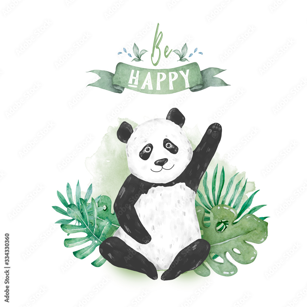Plakat Baby panda collection. Cute little pandas. Hand drawn watercolor illustration with tropical leaves isolated on white background