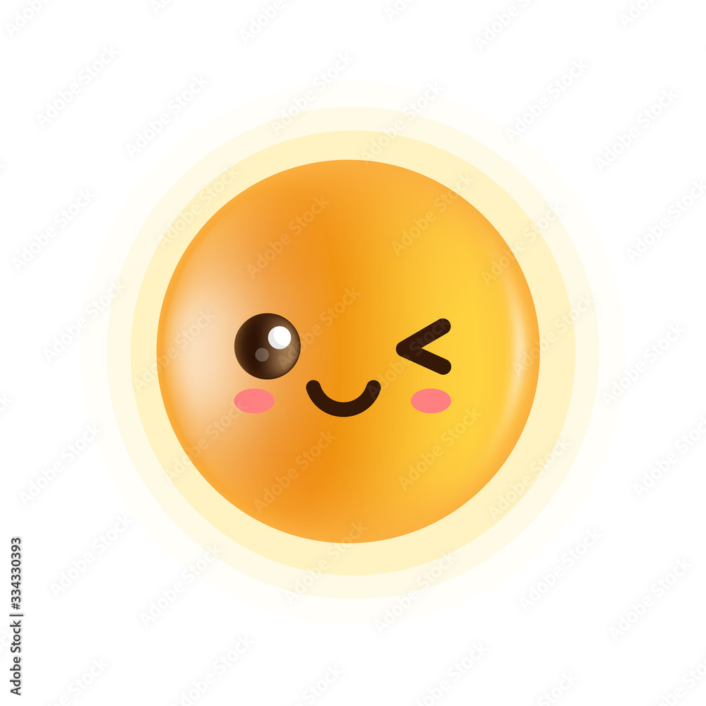 Vetor de The yellow face emoticon. Cartoon Kawaii emoji. Flat emoticon  vector illustration. Cute expression face with smiley face, blink eye and  red cheeks. Calm and rilex time. Facebook and whatsapp chat.