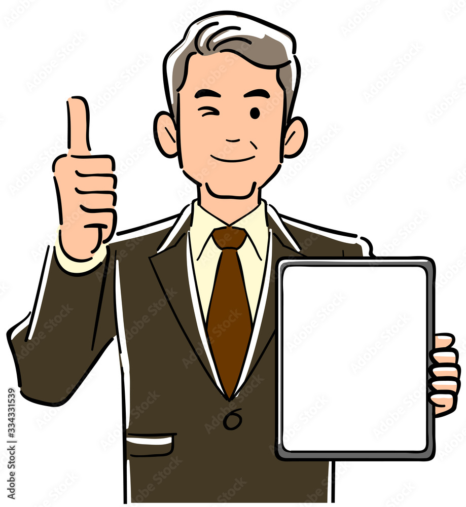 画面が空欄のタブレットPCを持ちサムズアップするスーツ姿の管理職男性