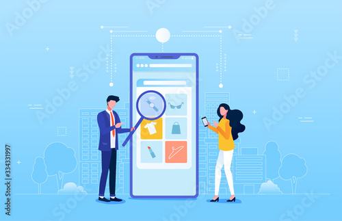 Vector Illustration of man with magnifying glass and woman in online shopping search concept.