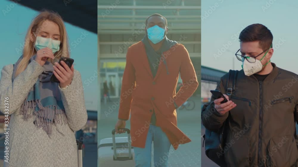 Multiscreen covid-19 coronavirus infection men and woman wearing Protective Face Mask use phone hold suitcase near airport pandemic disease virus male tourist epidemic air health illness slow motion