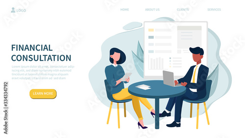 Illustrated financial consultation concept and people in meeting at table. Vector illustration photo