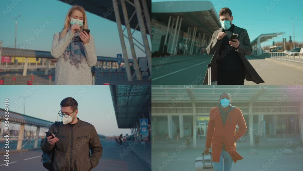 Multiscreen covid-19 coronavirus infection men and woman wearing Protective Face Mask use phone hold suitcase near airport pandemic disease virus male tourist epidemic air health illness slow motion