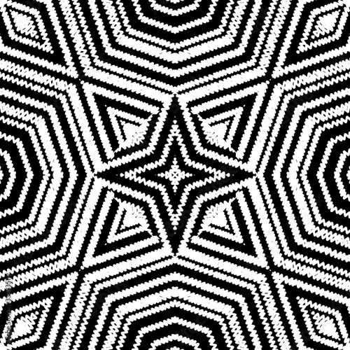 Textured vector seamless pattern. Monochrome striped background. Tapestry abstract shapes  stars   frames  stripes  zigzag lines. Grunge geometric symmetrical repeat ornament. Embroidered texture