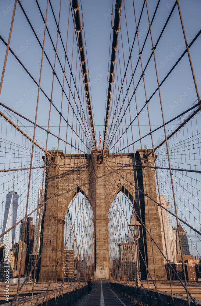 Fototapeta premium Brooklyn bridge in New York City. Brooklyn bridge details. Close up look. 