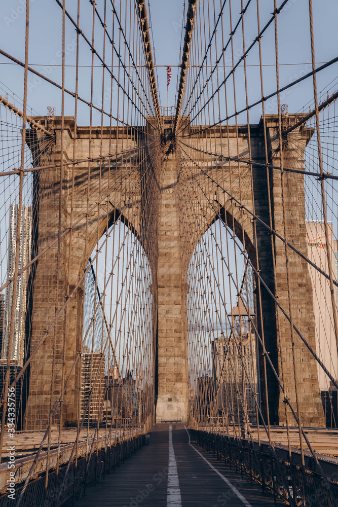 Fototapeta premium Brooklyn bridge in New York City. Brooklyn bridge details. Close up look. 