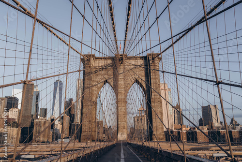 Fototapeta Naklejka Na Ścianę i Meble -  Brooklyn bridge in New York City. Brooklyn bridge details. Close up look. 