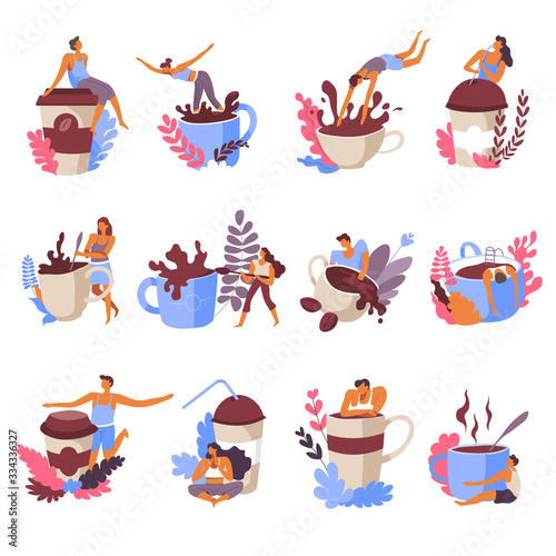 Coffee lovers drinking beverages and hugging cups vector