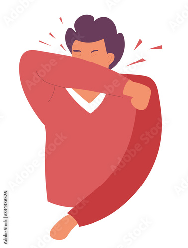 Person coughing or sneezing in elbow, coronavirus covid19