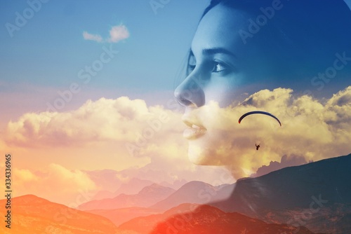 Fotografie Abstract double multiply exposure head portrait of a hipster woman outdoors on n