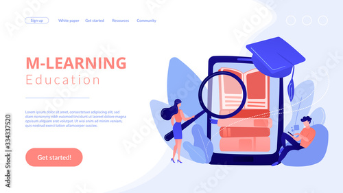 Student with magnifier studing in mobile phone. Mobile learning, learning application, m-learning education concept. Website vibrant violet landing web page template.