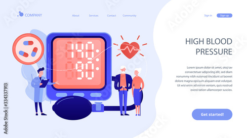 Doctor, elderly couple at tonometer hight blood pressure, tiny people. High blood pressure, hypertension disease, blood pressure control concept. Website vibrant violet landing web page template.