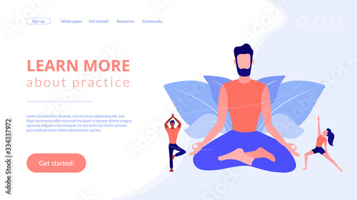 Teacher meditating in lotus pose and tiny people learning to do yoga exercises. Yoga school, open yoga studio, learn more about practice concept. Website homepage landing web page template.