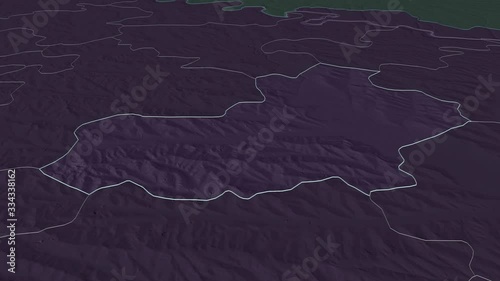 Teleneşti, district with its capital, zoomed and extruded on the administrative map of Moldova in the conformal Stereographic projection. Animation 3D photo