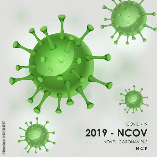 Green virus cells. Viruses in infected organism, viral disease epidemic. Corona, influenza viruses. Vector