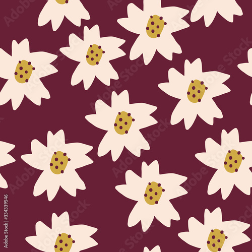 Cute Repeat Daisy Wildflower Pattern with maroon background. Seamless floral pattern. White Daisy. Stylish repeating texture. Repeating texture. 
