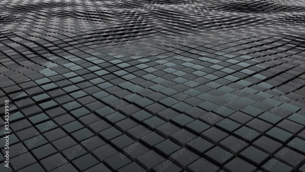 3d rendering of black cubes boundless surface. Computer generated abstract wavy background.