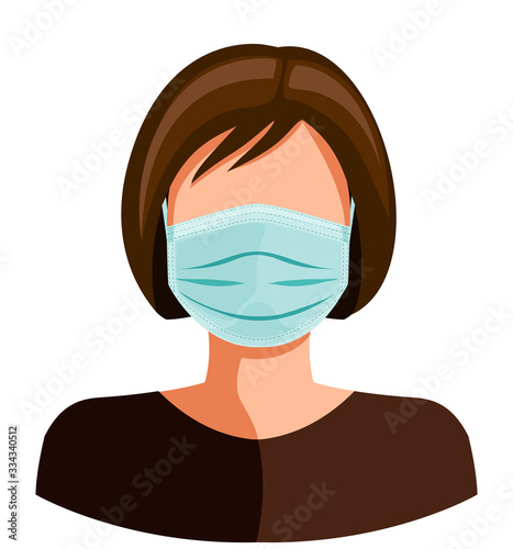 Woman face mask. Infection pneumonia prevention healthcare. Wear surgical medical mask against virus epidemic vector illustration