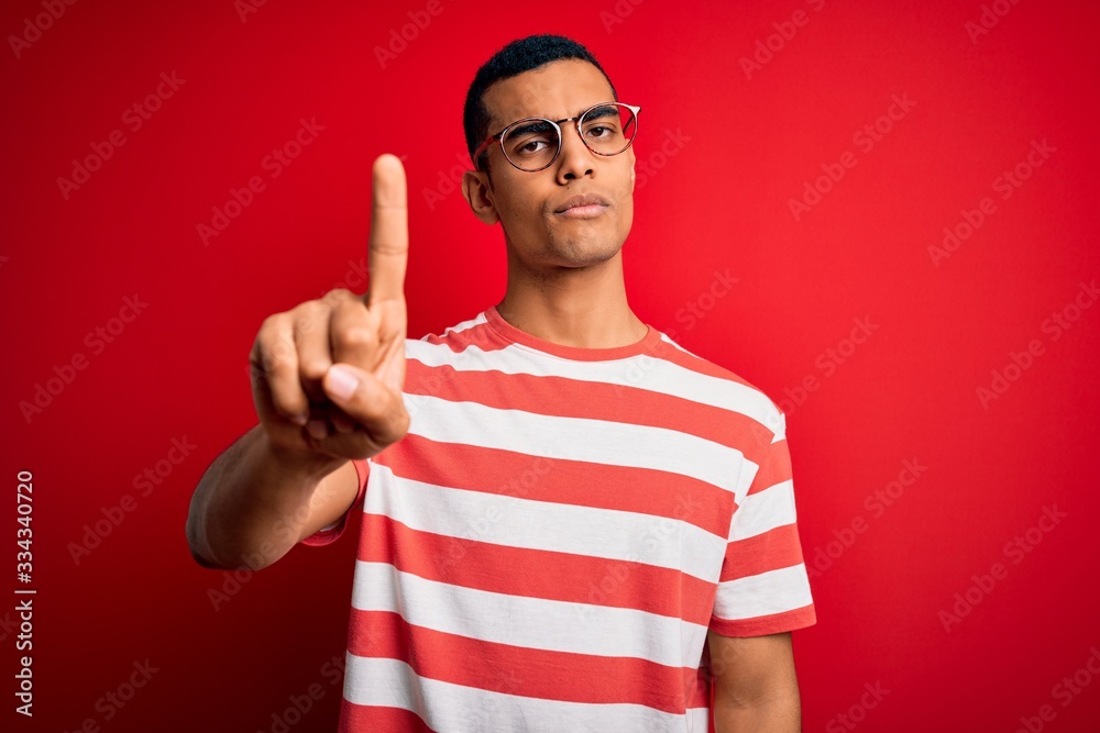 Young handsome african american man wearing casual striped t-shirt and glasses Pointing with finger up and angry expression, showing no gesture Young handsome african american man wearing casual striped t-shirt and glasses Pointing with finger up and angry expression, showing no gesture