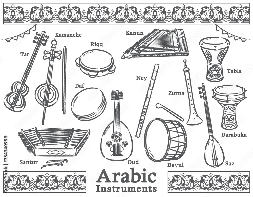 Arabic traditional instruments set. - obrazy, fototapety, plakaty 
