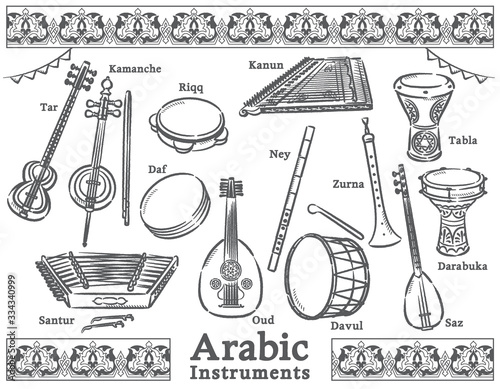 Arabic traditional instruments set.
