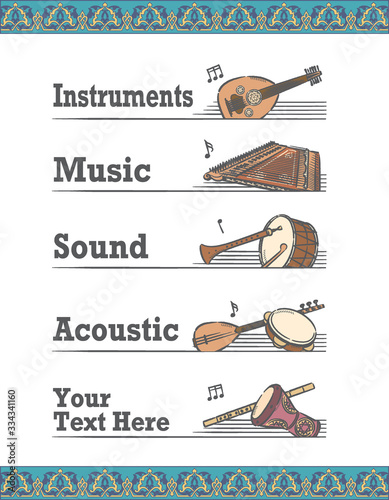 Music themed vector labels with Arabic instruments.