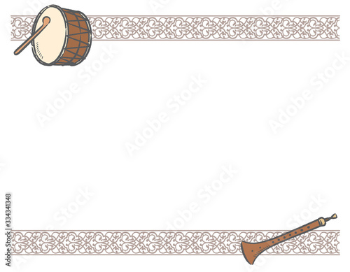 Frame with Arabic instruments and decorative border.