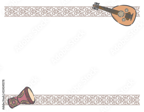Frame with Arabic instruments and decorative border.