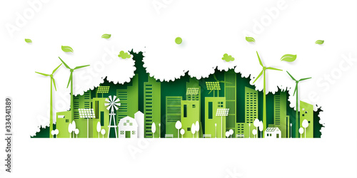 Ecology concept with green eco city on nature background.Environment conservation resource sustainable.Vector illustration.