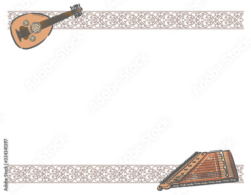 Frame with Arabic instruments and decorative border.