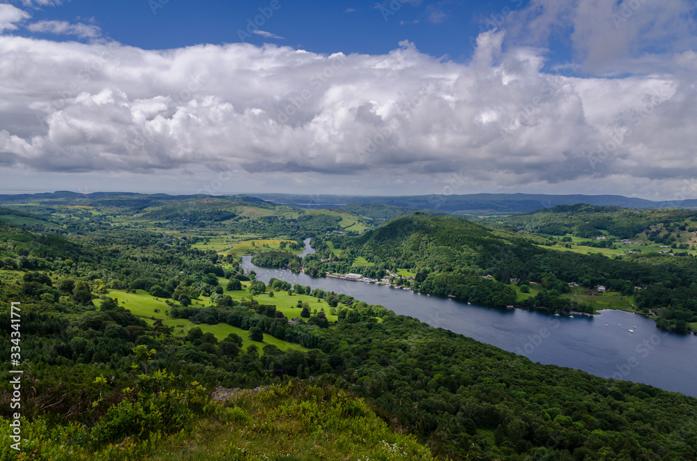 A panoramic view of lake Windermere in The Lakes District, England