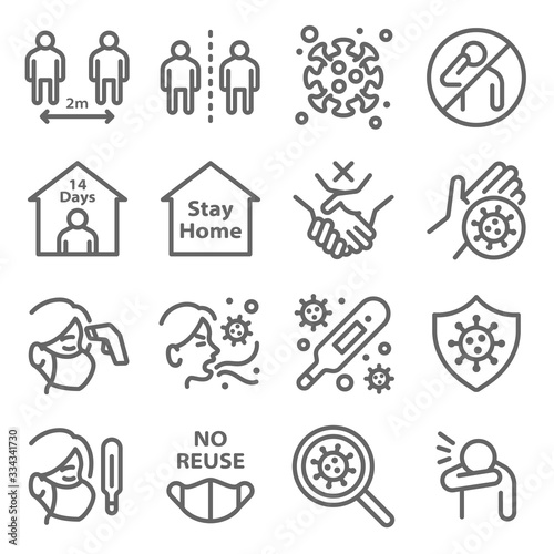 Social distancing to protect from coronavirus disease COVID-19 icon set vector illustration. Contains such icon as mask, quarantine, cough, self isolation, temperature check and more. Expanded Stroke