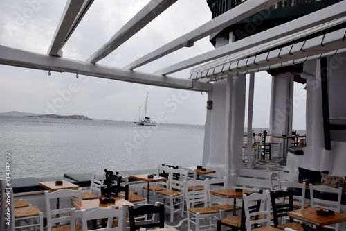 view of a empty restaurant in Mykonos Greece