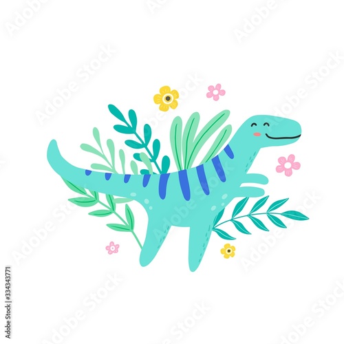 Cute dinosaur for kids  baby t-shirt  greeting card design. Funny little dino of hand drawn style. Vector illustration of dinosaur isolated on background.