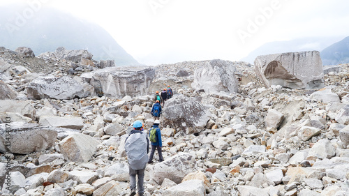 People Walking on the Stones to Get to the Glacier Exploradores near Rio Tranquilo in Chilean Patagonia, Chile (06.01.2020)