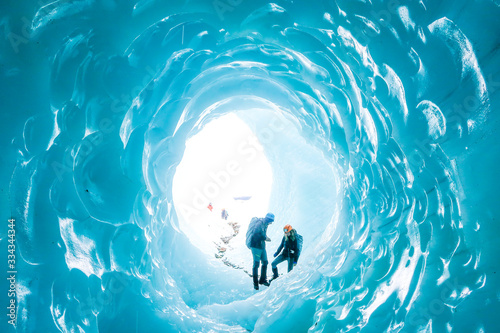 People Exploring Ice Cave Inside the Glacier Exploradores near Rio Tranquilo in Chilean Patagonia, Chile (06.01.2020)
