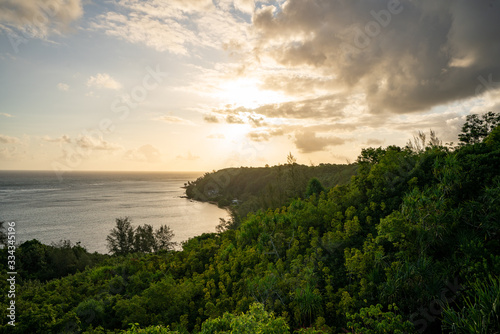 Sunrise over the Coast of Kauai, Hawaii with beautiful forest coastline