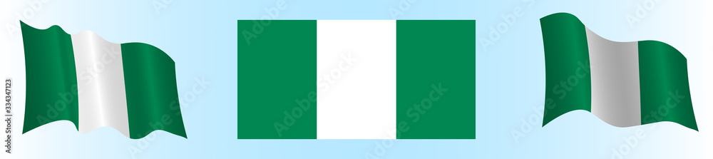 Flag of the Federal Republic of Nigeria in a static position and in motion, developing in the wind, on a white background Flag of the Federal Republic of Nigeria in a static position and in motion, developing in the wind, on a white background