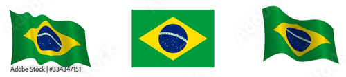 Flag of the Federative Republic of Brazil in a static position and in motion, developing in the wind, on a white background