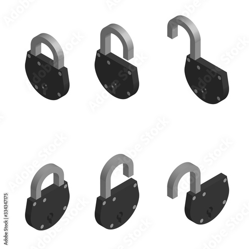 old door locks in open and closed position in isometric on a white background. Isolated vector
