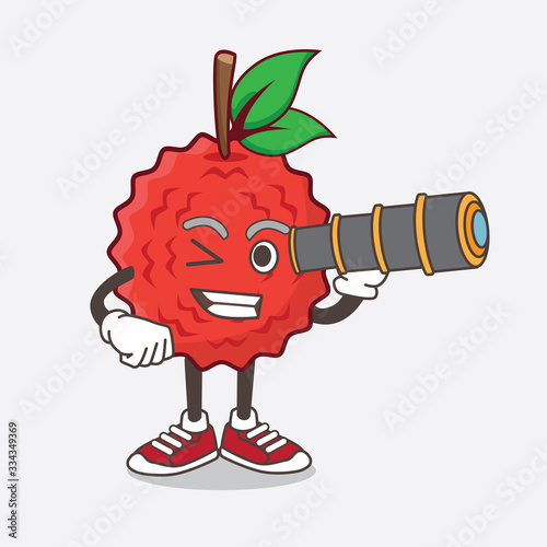 Lychee Fruit cartoon mascot character using a monocular