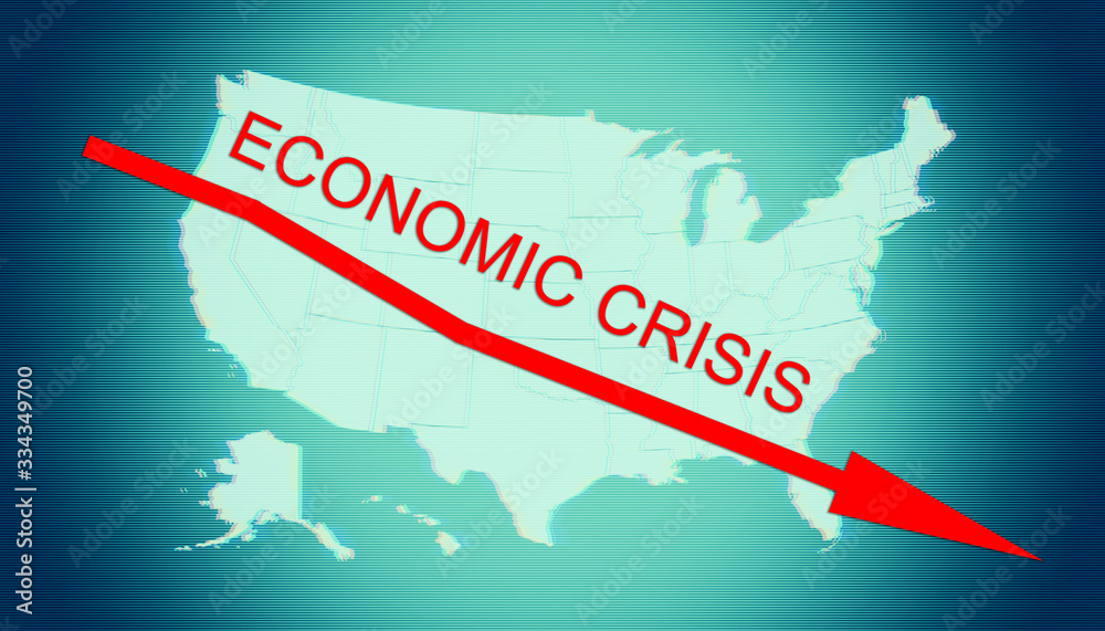 Words ECONOMIC CRISIS and falling red arrow on USA map background. Concept of global business crisis and collapse in USA. Elements of this image furnished by NASA.