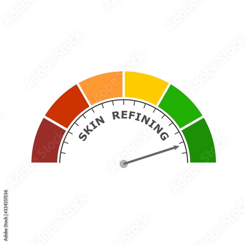 Abstract meter read level of skin refining result. Color scale with arrow. The measuring device icon. Colorful infographic gauge element.