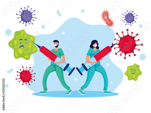 doctors couple fighting virus with injection comic characters