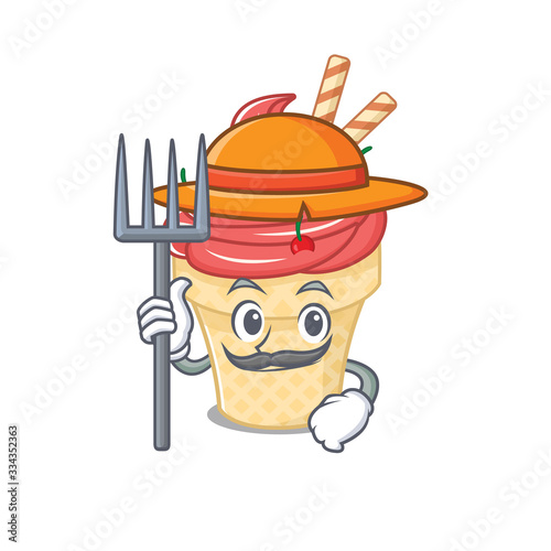Cherry ice cream in Farmer cartoon character with hat and pitchfork