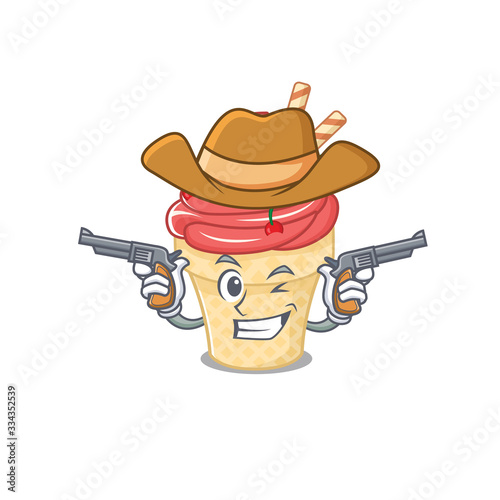 Funny cherry ice cream as a cowboy cartoon character holding guns