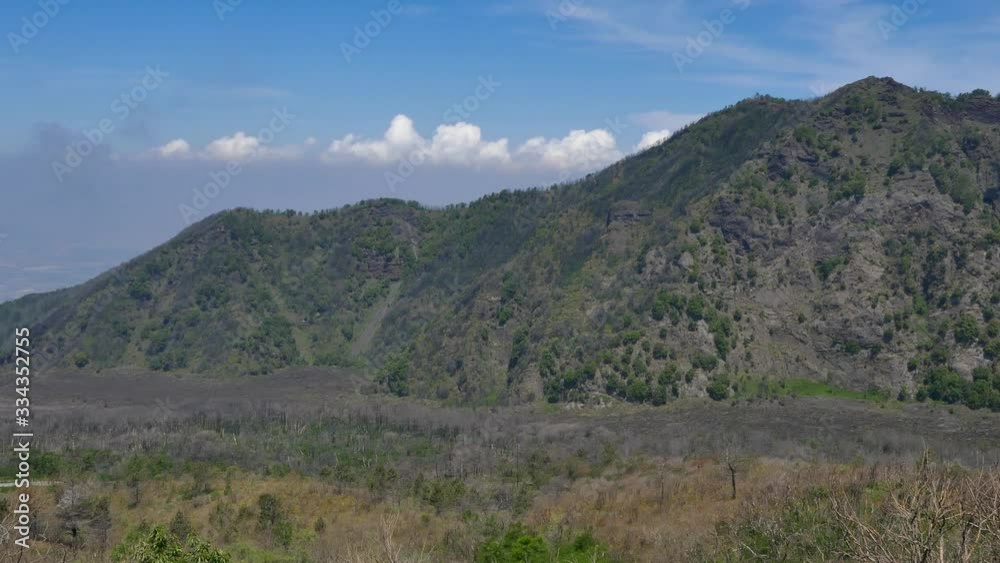 Right to left pan over mountains with evergreen trees and a blue sky with clouds Right to left pan over mountains with evergreen trees and a blue sky with clouds